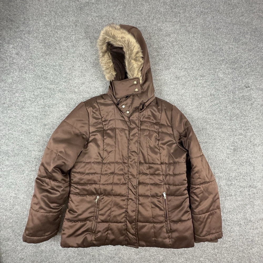 Weather Tamer Jacket Womens Large Brown Quilted Hooded Faux Fur Winter Puffer